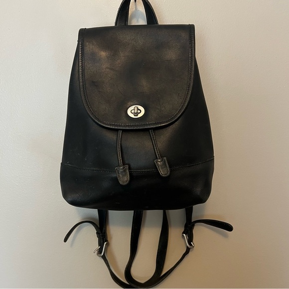 Coach vintage black leather 9960 drawstring flap turn lock silver hardware - Picture 1 of 9